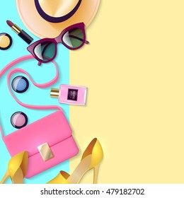 Color poster depicting lay woman accessories  with bicolour background vector illustration