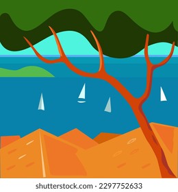 color poster design with blue sea and red roofs