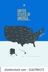 Color poster with detailed map of the United States of America, with state names, vector illustration