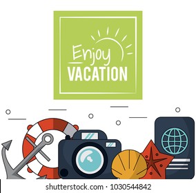 color poster of enjoy vacation with anchor and flotation hoop and camera and passport