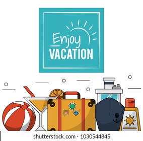 color poster of enjoy vacation with luggage and cruise ship and cocktail and sunblock
