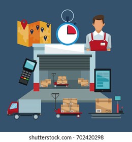 color poster with facade warehouse storage and elements logistics and vehicles transporting cardboard boxes