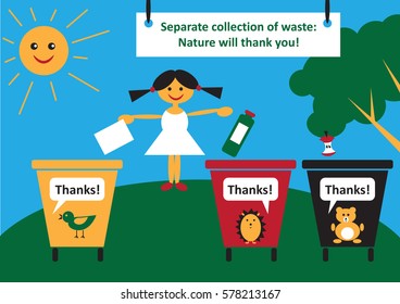 color poster. A girl throws out garbage in the garbage cans in different colors.