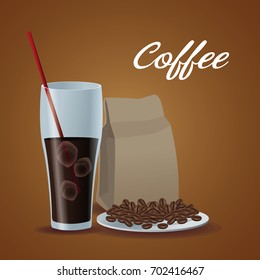 color poster glass cup of iced coffee with package of beans in dish