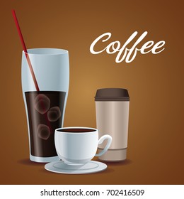 color poster glass cup of iced coffee with porcelain cup and disposable for drinks