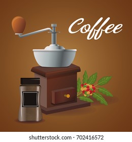 color poster grinding with crank and glass container of coffee
