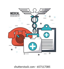 color poster medical research with caduceus symbol and medical clipboard and phone and first aid kit