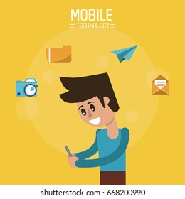 color poster of mobile technology with man half body standing with smartphone and icons apps on top