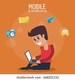 color poster of mobile technology with man sitting with laptop computer and icons apps on top