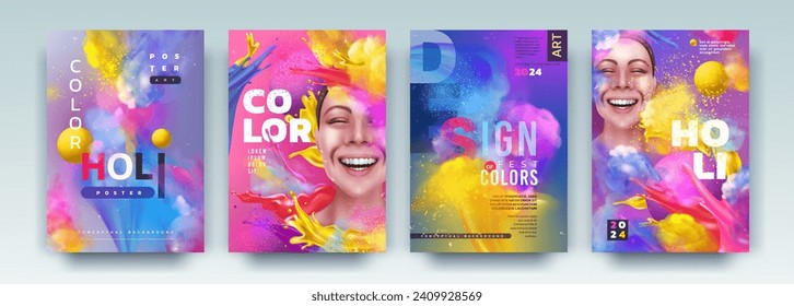 Color poster. Paint splash and realistic happy woman, party flyer fashion, Holi cover rainbow, splatter concept abstract powder, happy carnival, joy girl, sale bright banner. Vector exact background