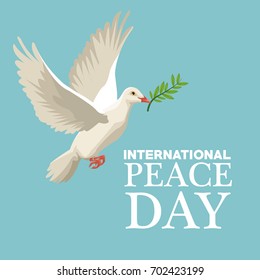 color poster pigeon flying with olive branch in peak international peace day text