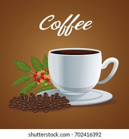 color poster porcelain cup of coffee in dish with beans to side