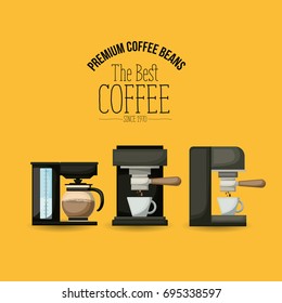 color poster of premium coffee beans of the best coffee since 1970 with set coffe maker and espresso machine vector illustration