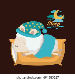 color poster scene of sheep sleeping in pillow and bubble night landscape sleep time vector illustration
