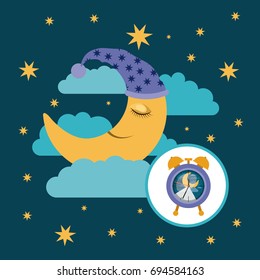 color poster scene sky landscape of moon with sleeping cap dreaming and alarm clock icon vector illustration