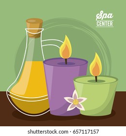 color poster of spa center with set of candles and oil essence bottle