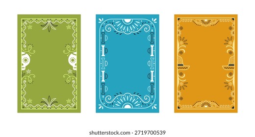 Cartazes coloridos com moldura de padrão mexicano. Ilustração vetorial de modelos de banner com ornamento hispânico tradicional em verde, azul, fundo laranja, borda latina com crânio, osso, sombrero