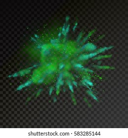 Color Powder Explosion Background. Green Dust Paint Colored Explode. Vector Illustration For Holi Color Festival Event.