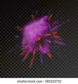 Fondo de explosión de polvo de color. La pintura roja violeta de polvo coloreada explotó. Ilustración vectorial para las vacaciones del festival Holi Color