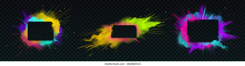 Color powder explosion with rectangle banners. Clouds of colorful dust with particles. Vector realistic splash of paint powder, burst effect with copy space for text isolated on transparent background