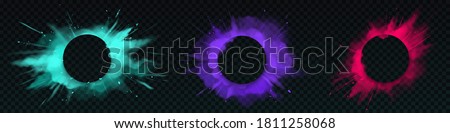 Color powder explosions with circle banner. Splash of paint dust with particles. Vector realistic clouds of colorful powder, burst effect with copy space for text isolated on transparent background ストックフォト © 