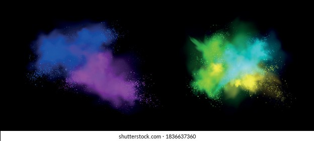 Color powder explosions isolated on black background. Splash and spray of paint dust with particles. Vector realistic set of burst effect of colorful powder clouds