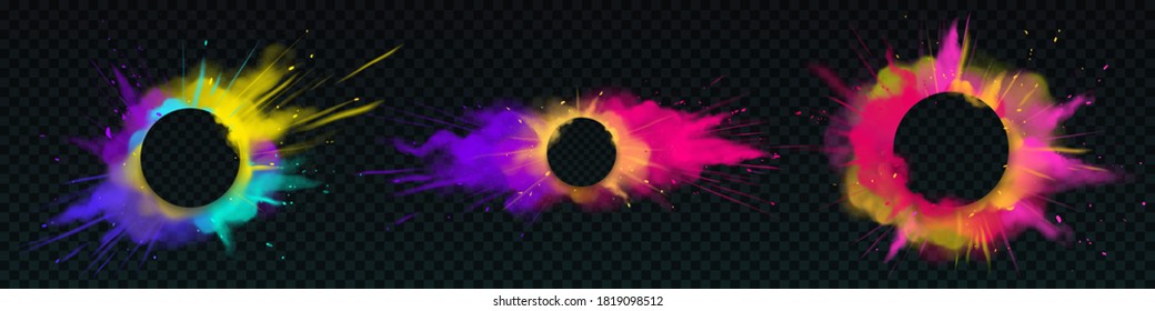 Color powder explosions with round banners. Clouds of paint dust with particles. Vector realistic splash of colorful powder, burst effect with copy space for text isolated on transparent background