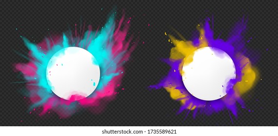 Color powder explosions. Splash of paint dust with white round banner. Vector realistic clouds of colorful powder, burst effect with copy space for text isolated on transparent background