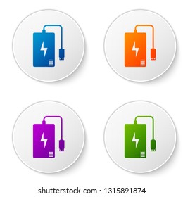 Color Power bank with different charge cable icon isolated on white background. Portable charging device. Set color icon in circle buttons. Vector Illustration