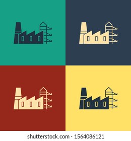 Color Power station plant and factory icon isolated on color background. Energy industrial concept. Vintage style drawing. Vector Illustration