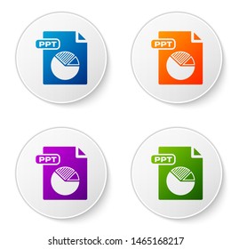 Color PPT file document. Download ppt button icon isolated on white background. PPT file presentation. Set icons in circle buttons. Vector Illustration