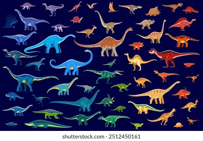 Fondo de Vector de dinosaurios prehistóricos de color. Dibujos animados lindos personajes de animales dino, dinosaurios jurásicos y pterosaurios. Personajes divertidos de tyrannosaurus rex, triceratops, brachiosaurus y brontosaurus