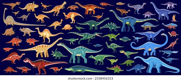 Conjunto de vetores de dinossauros pré-históricos de cor. Cartoon colorido dino espécies. Répteis antigos da era jurássica. Carnívoros, onívoros, herbívoros e mamutes terrestres com cores e formas vibrantes