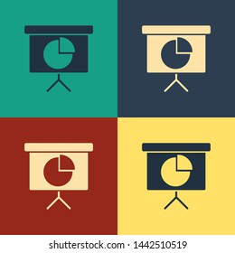 Color Presentation financial business board with graph, schedule, chart, diagram, infographic, pie graph icon isolated on color background. Vintage style drawing. Vector Illustration