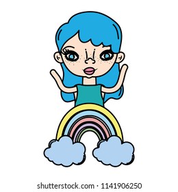 color pretty woman with cute rainbow and clouds