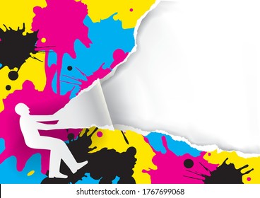 Color Print Promotion Template with CMYK splash.
Paper man silhouette ripping paper with print colors splatters. Place for your text or image. Vector available.