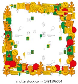 Color print school set. Autumn leaf and balloon. Mirror and comb, notebook  and notepad. Glass, hamburger and cereal.