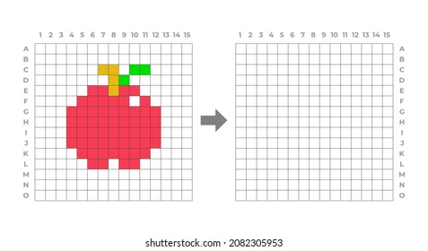 Color, printable worksheet, copy the image , pixel art, picture of apple with stem and leaves, drawing skills training, educational paper game for the development of children, kids preschool activity