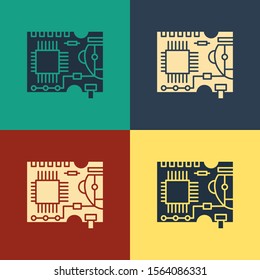 Color Printed circuit board PCB icon isolated on color background. Vintage style drawing. Vector Illustration