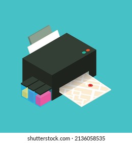 color printer is printing a map. isometric 3D vector illustration