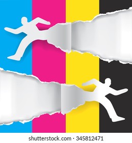 Color printing advertisement.
Paper silhouette of  running men ripping paper with print colors with place for your text or image.  Concept for presenting color printing. Vector illustration.
