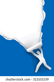 Color printing promotion background.
Male silhouette ripped blue paper background with  place for your text or image.