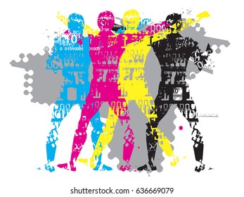 Color printing team silhouettes.
Four male silhouettes grunge stylized in print colors. Vector available.
