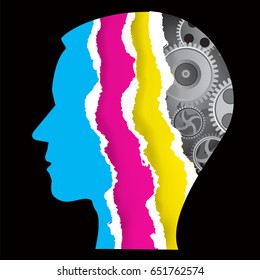 Color printing torn paper concept.
Paper male Head silhouette with torn paper and gear. Vector available.