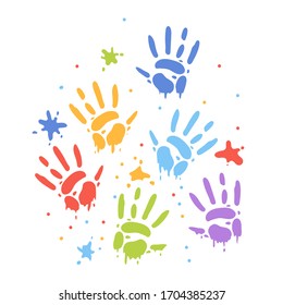 Color prints of children's palms in the paint. Children's hands on the wall