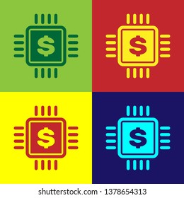 Color Processor chip with dollar icon isolated on color backgrounds. CPU and a dollar sign. Vector Illustration