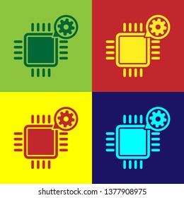 Color Processor and gear icon isolated on color backgrounds. CPU, chip service concept. Adjusting app, setting options, maintenance, repair, fixing. Vector Illustration