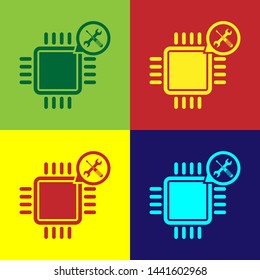 Color Processor with screwdriver and wrench icon isolated on color background. Adjusting, service, setting, maintenance, repair, fixing.  Vector Illustration