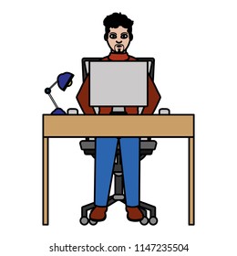 color professional businessman desk with computer and lamp