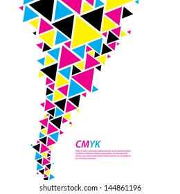 Color profile. Abstract triangle flow - twister in cmyk colors. Triangle mosaic in contrast colors.